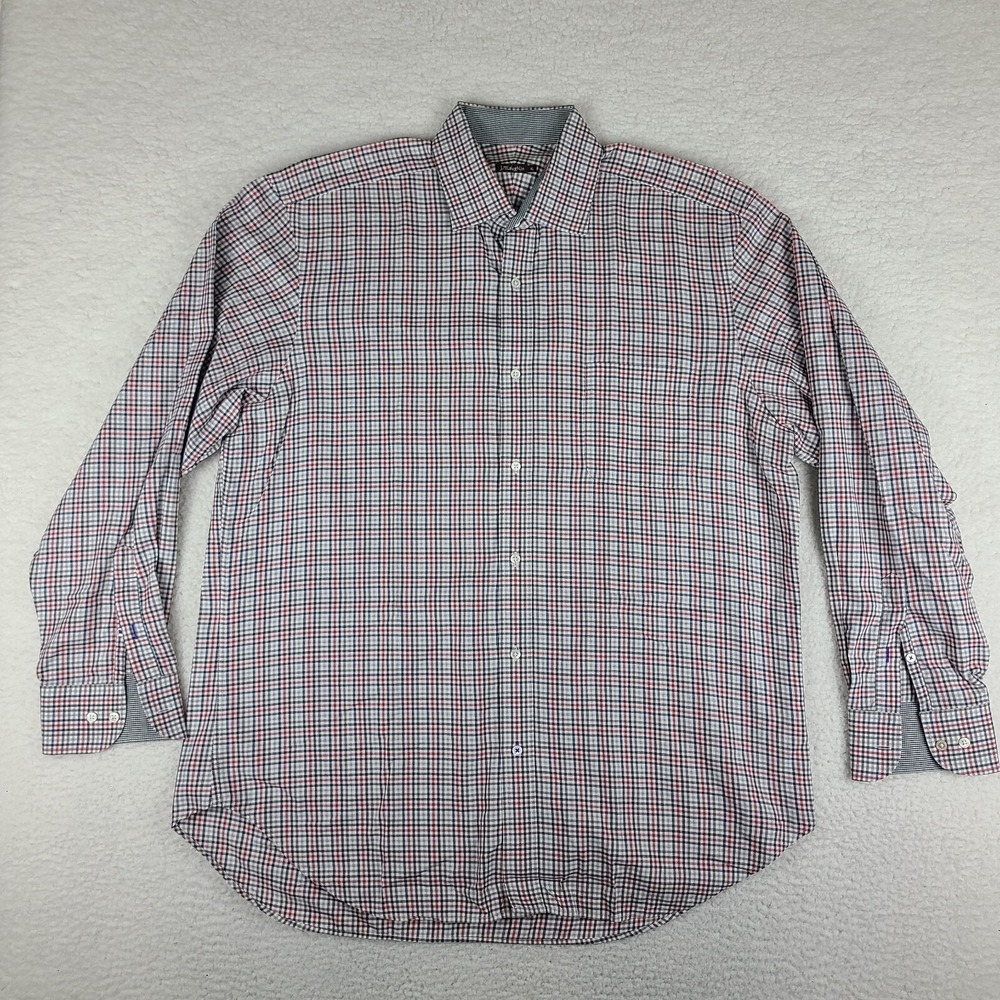 J Mclaughlin Shirt Mens XL Blue Gray Red Check‎ Plaid Cotton Dress Button Up